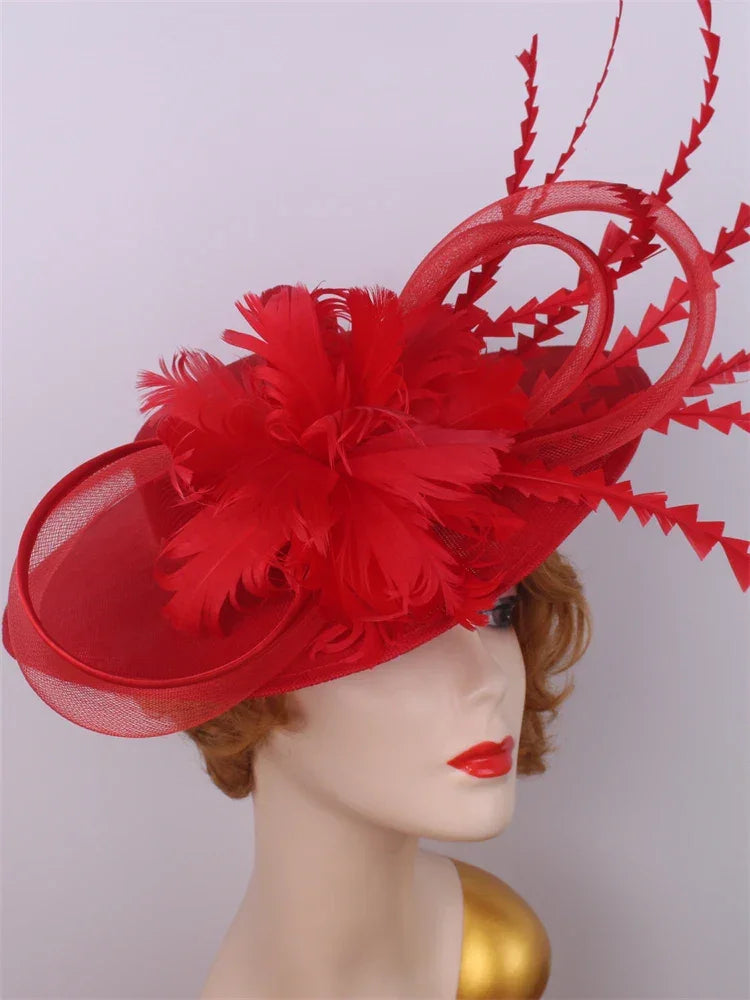 Bride Pillbox Red Fascinator Hat Femme Wedding Chapeau Women Formal Event Tea Millinery Cap Feather Royal Ascot Race Headpiece