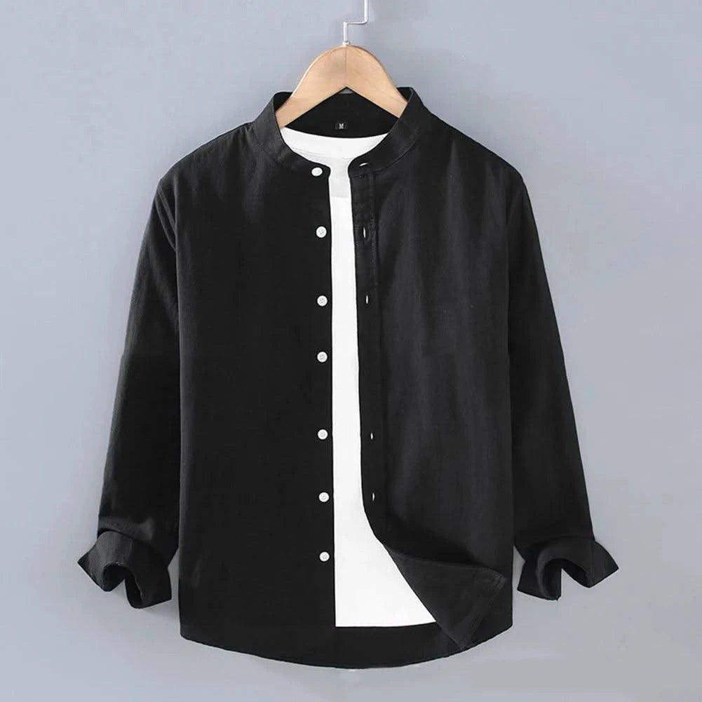 Mens Linen Shirt Stand Collar Long Sleeve Henley White Black Soft Comfortable Simple Spring Summer Men's Shirt Solid Color