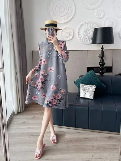 Womens Dresses Evening Dresses Fashion Holiday Style Printed Dress Spring/Summer Flower Folding Long Dress Loose Plus Size Skirt