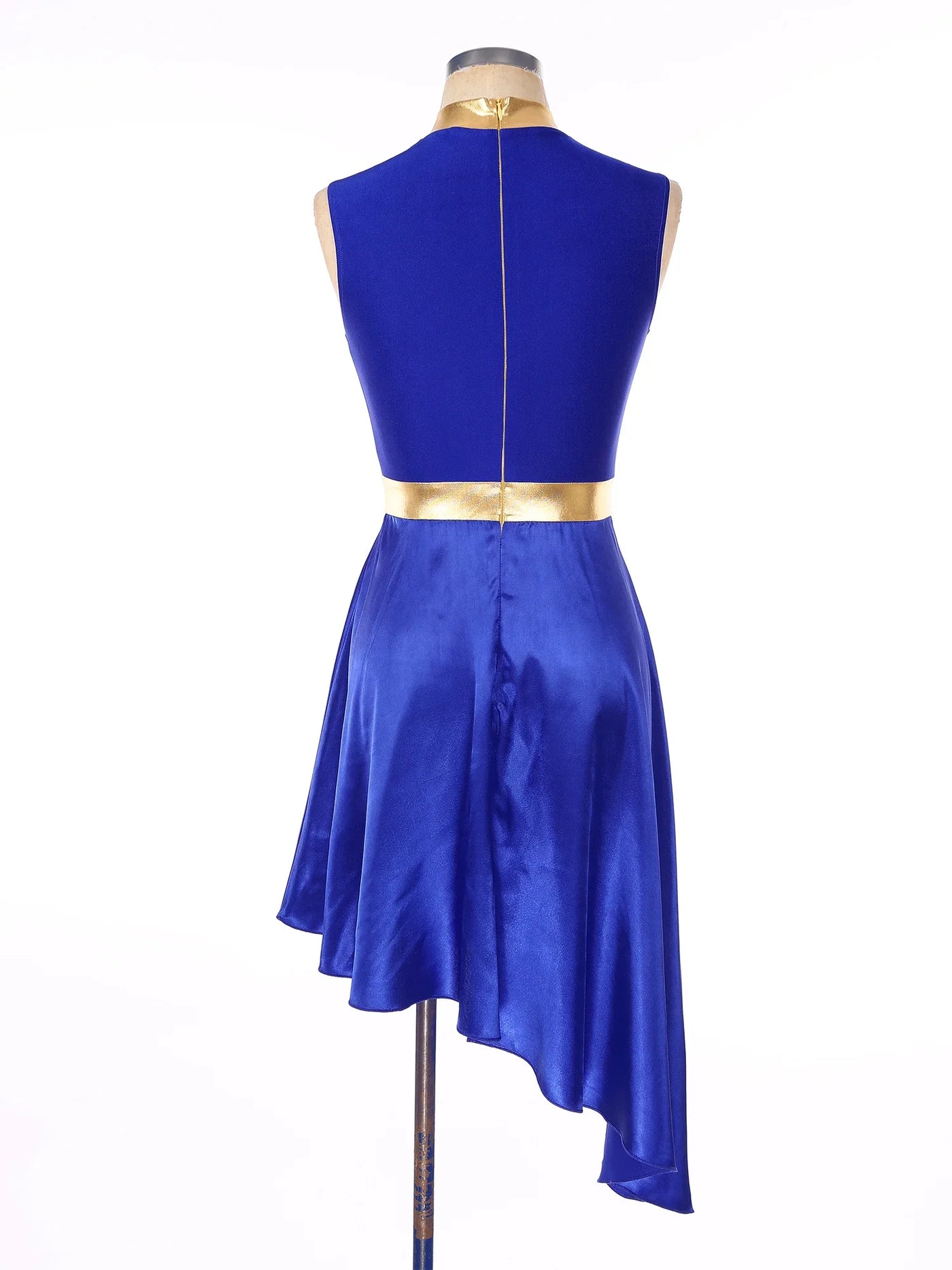 Women Lyrical Dance Dress Color Block Patchwork Invisible Zipper Back Flowy Asymmetrical Hem Sleeveless Dresses Dancewear