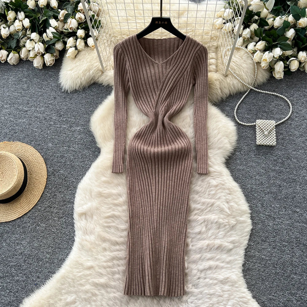 Sweater Knit Dress For Women Vintage Knitting Package Hip Elegant Lady Knitwear Elasticity Women's Autumn Winter Midi Dresses