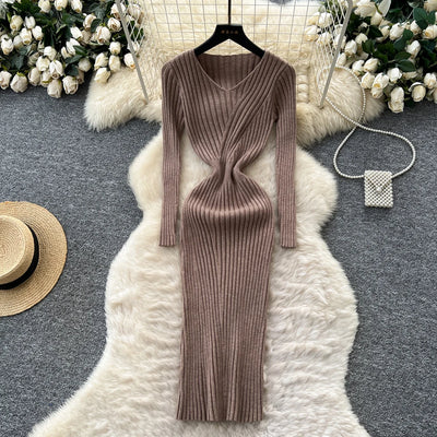 Sweater Knit Dress For Women Vintage Knitting Package Hip Elegant Lady Knitwear Elasticity Women's Autumn Winter Midi Dresses