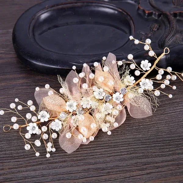 New Trendy Flower Hair Jewelry Gold Pearl Handmade Bridal Wedding Headband Rhinestone Hairband Women Hair Accessories Ornaments