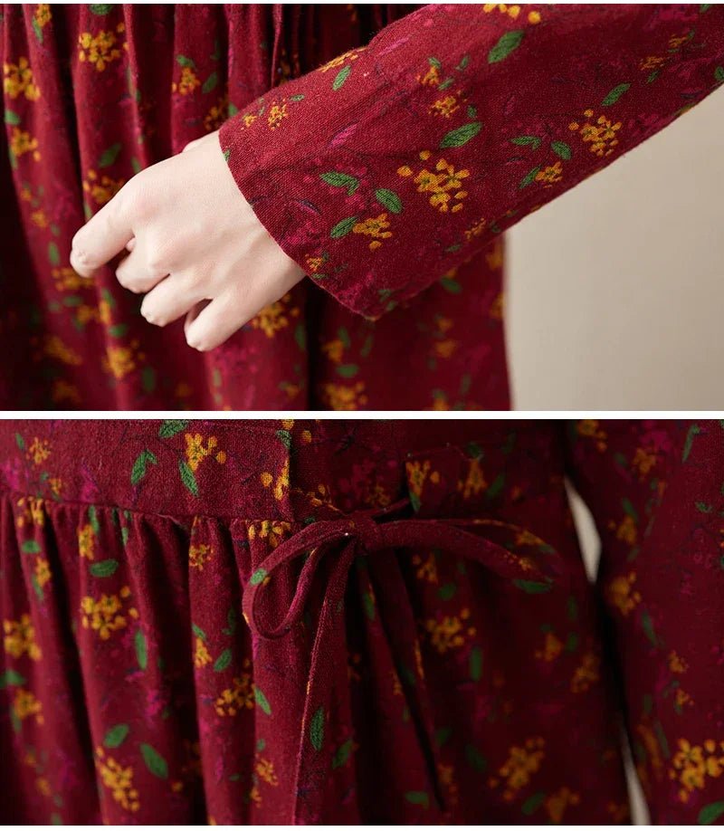 Long Sleeve Cotton Linen Vintage Floral Print Dresses For Women 2025 New Spring Autumn Casual Dress Robe Femme Elegant Clothing
