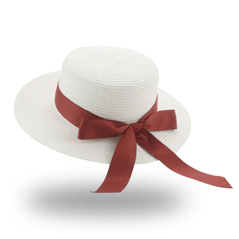Bucket hat beach summer straw hats for women flat top ribbon bowknot elegant luxury sombreros de mujer