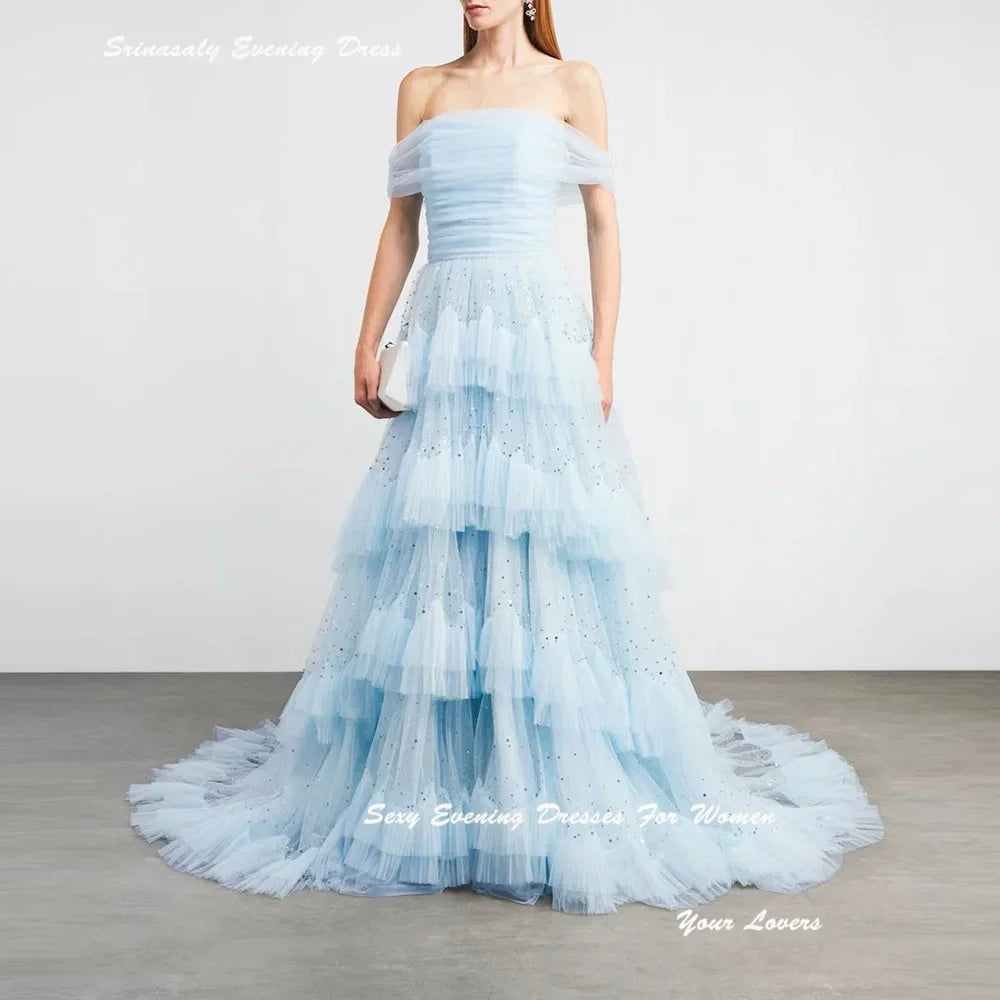 Customized Tiered Tulle Evening Dresses For Women Cocktail Party Gowns Off Shoulder فساتين سهرة Sequin Formal Dress