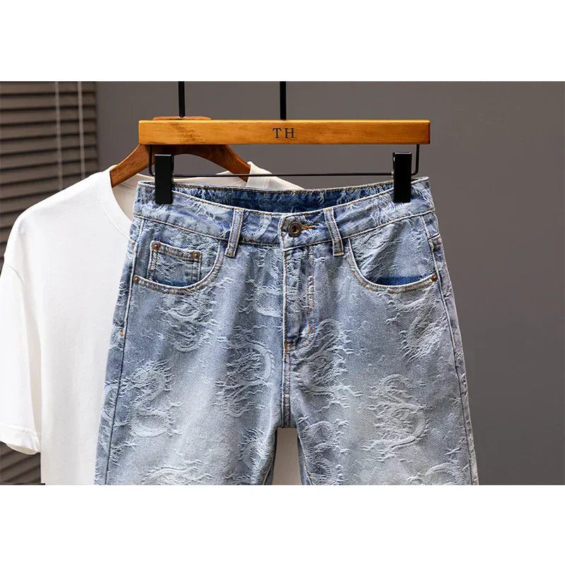 2024 New Men's Denim Shorts Fashion Printed Designer Jeans Personality High Street Straight Male Clothes Short Pants