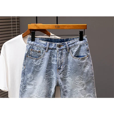 2024 New Men's Denim Shorts Fashion Printed Designer Jeans Personality High Street Straight Male Clothes Short Pants