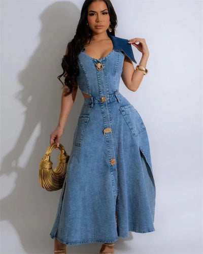 Designer Denim Dress Women Long Dresses Single Breasted Big Turn-down Collar Waist Slimming Temperament Split A-Line Vestidos