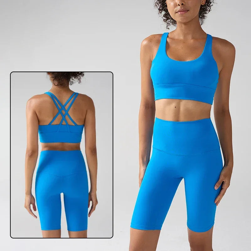 Women's 2 Piece Yoga Gym Sports Set Cross Back Bra Top & High Waist Shorts Fitness Running Workout Tracksuit👚