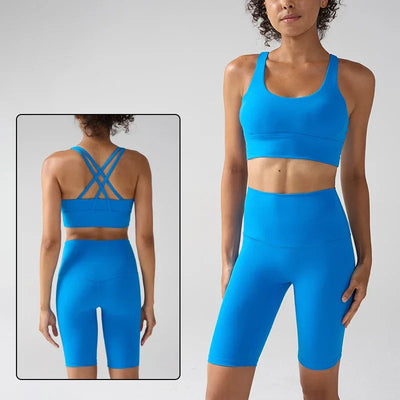 Women's 2 Piece Yoga Gym Sports Set Cross Back Bra Top & High Waist Shorts Fitness Running Workout Tracksuit👚