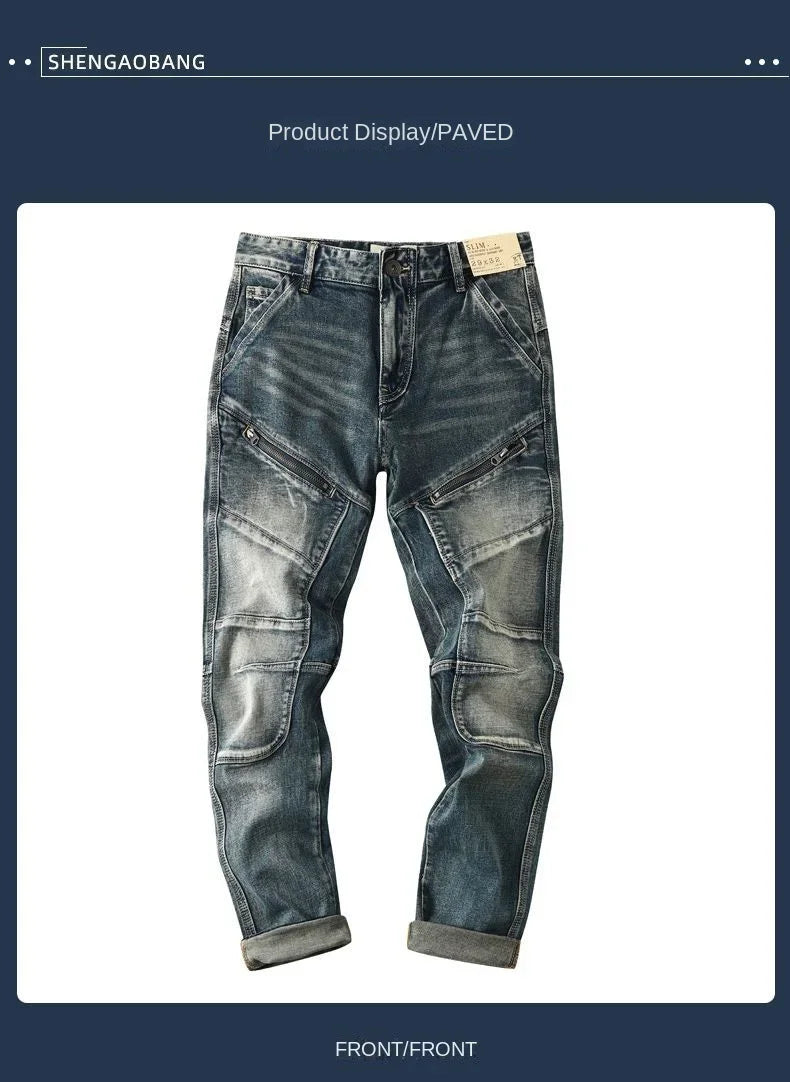 High-end 2022 Retro Motorcycle Jeans Men Spring Autumn Loose Zipper Designer Straight Pants Stitching Tooling Cargo Pants Men