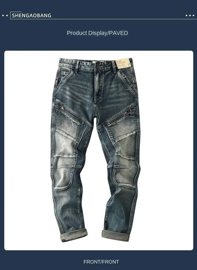 High-end 2022 Retro Motorcycle Jeans Men Spring Autumn Loose Zipper Designer Straight Pants Stitching Tooling Cargo Pants Men