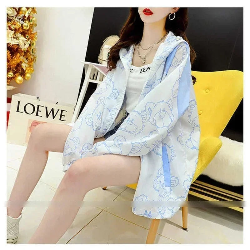 Summer Thin Sunscreen Jacket Women New Kawaii Bear Print Coats Female Casual Korean Loose Zipper Windbreaker