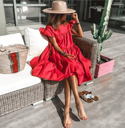 Women's Summer Ruff Sundress Elegant Casual Party Beach Vintage Swing Midi Dress 2022 Solid Bohemian Oversized Vestidos Robe