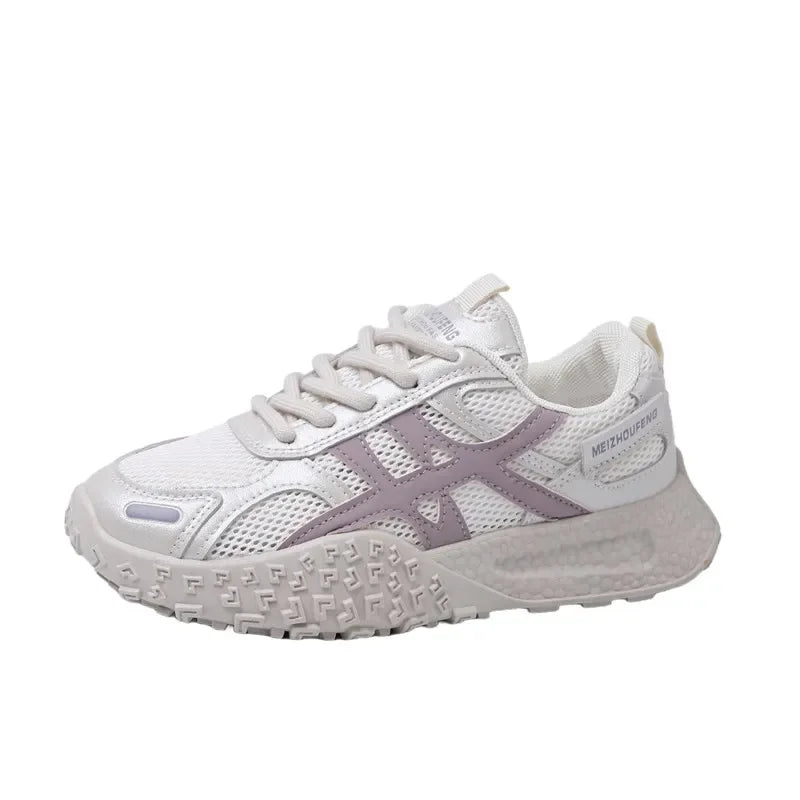 Women's Breathable Mesh Summer Running Shoes Comfortable Thick Bottom Dad Casual Shoes Versatile Pigskin Lined Rubber Soft Sole