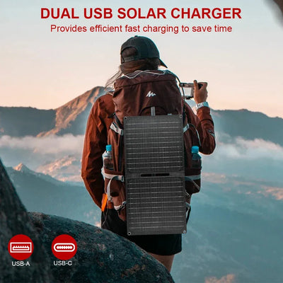24W Portable Solar Panel with USB-C USB-A Outputs Foldable Solar Panel Solar Charging Panel for Phone Power Bank Small Fan