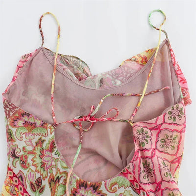 Women's Slip Dress 2024 New Fashion Summer Patchwork Print Backless Dresses for Women Casual Chic Ladies Midi Dress