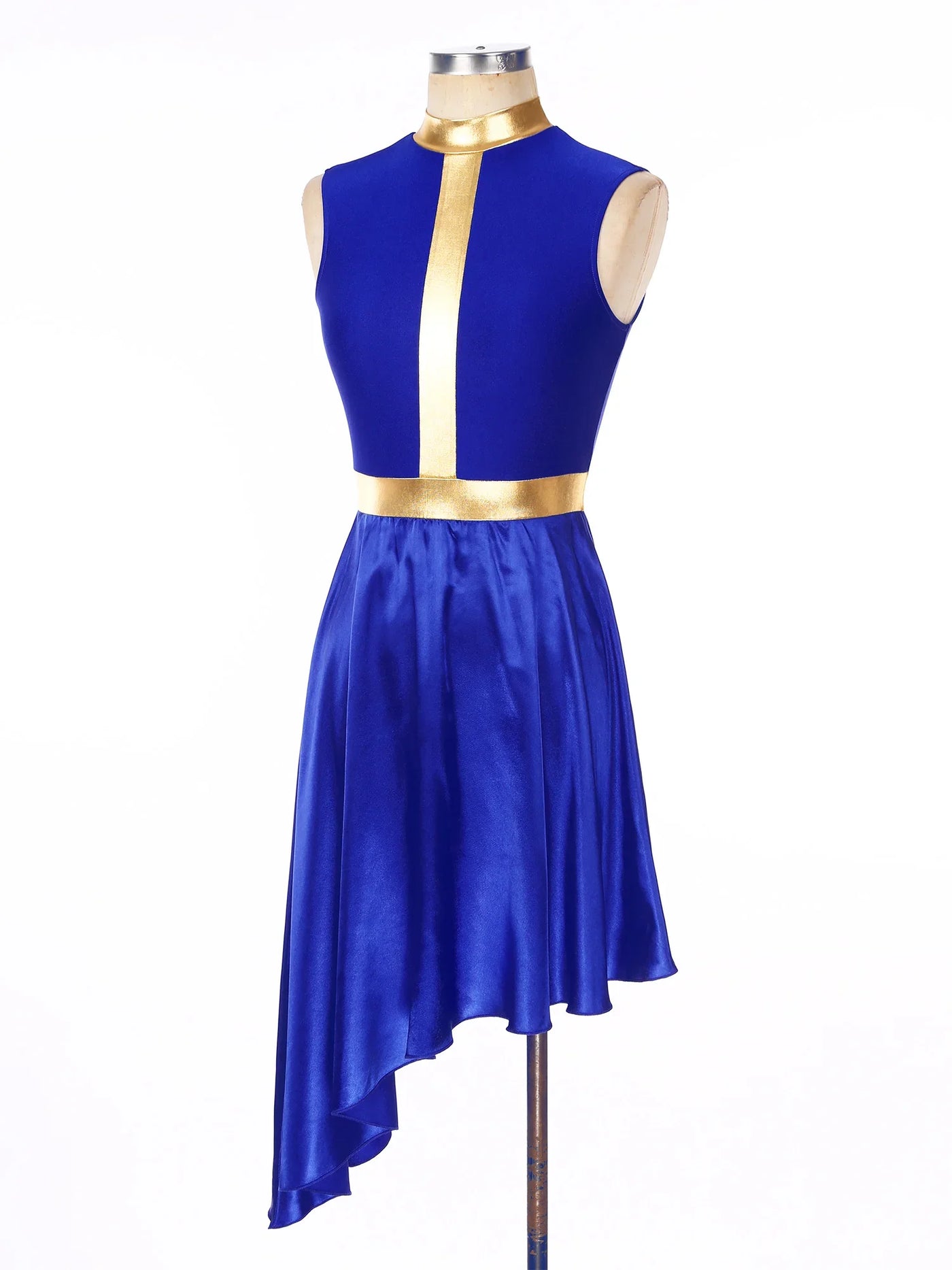 Women Lyrical Dance Dress Color Block Patchwork Invisible Zipper Back Flowy Asymmetrical Hem Sleeveless Dresses Dancewear