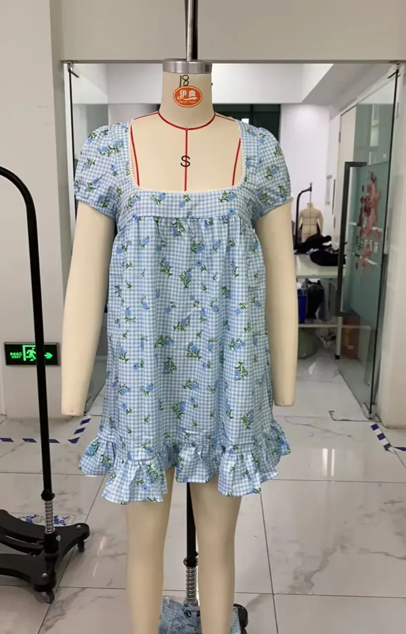 Women's Floral Print Mini Dress Short Sleeve Square Neck Ruffle Hem Babydoll Dress Casual Dress Y2k Gingham Streetwear