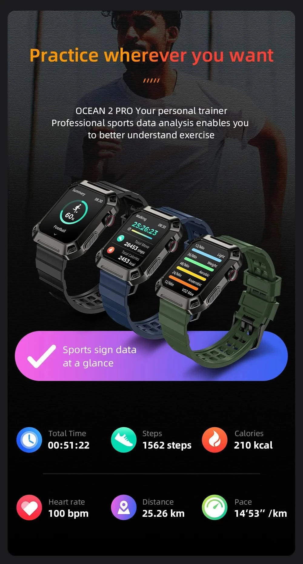 LOKMAT OCEAN 2 Pro Smart Watch Waterproof Bluetooth Calls Smartwatches 1.85 inch Touch Screen Heart Rate Monitor Fitness Tracker