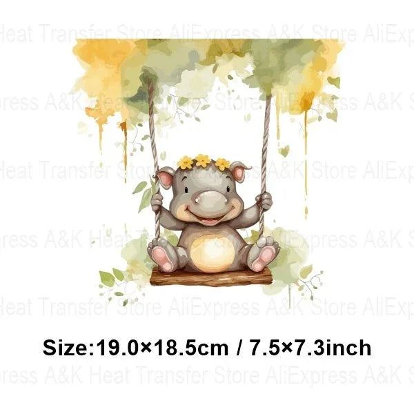Baby Animal On Swings Heat Transfers For Kids Clothing Elephant Tigers Lion Stickers On Clothes Diy Thermal Patches Decals