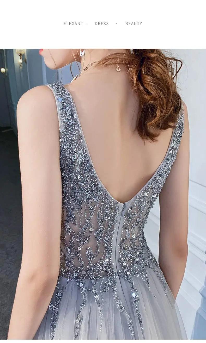Women’s evening dresses sexy v-neck luxury formal party gown backless beads sequins tulle side split banquet dress