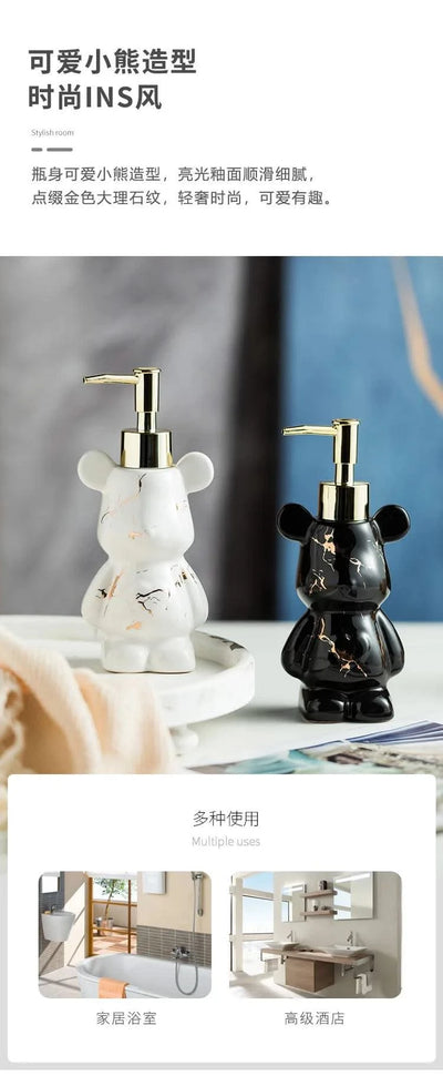 Luxury Marbling Bear Shape Ceramics Soap and Gel Dispenser Creative Black White Empty Shampoo Bottle Bathroom Storage Accessorie