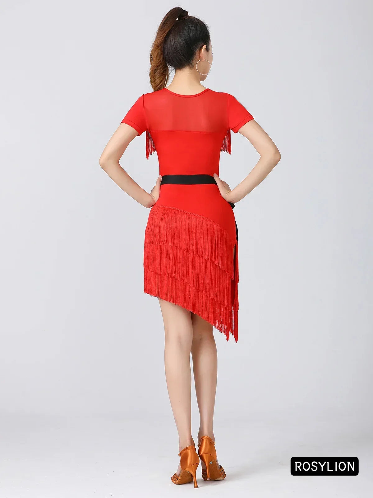 Women Latin Dance Outfit for Female Adults High End Slim Short Sleeve Tassel Split Dress Purple Red Sexy Practice Dance Clothing