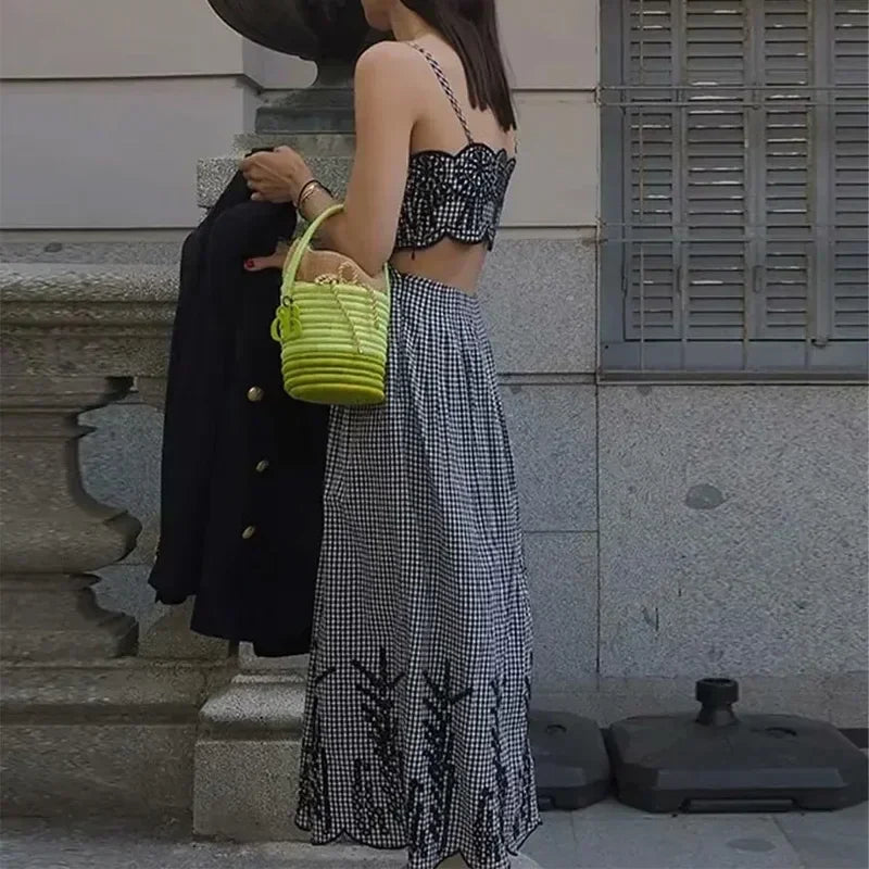 Embroidery Slip Dress Women Sleeveless Plaid Long Dresses Woman Cut Out Backless Midi Dress Elegant Vacation Party Dresses