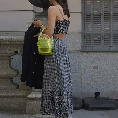 Embroidery Slip Dress Women Sleeveless Plaid Long Dresses Woman Cut Out Backless Midi Dress Elegant Vacation Party Dresses