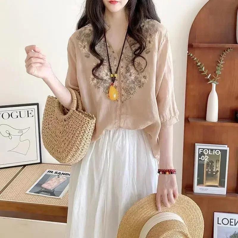 Women’s clothing linen blouse white v-neck embroidered shourt sleeve loose fit artistic casual feminine fashion