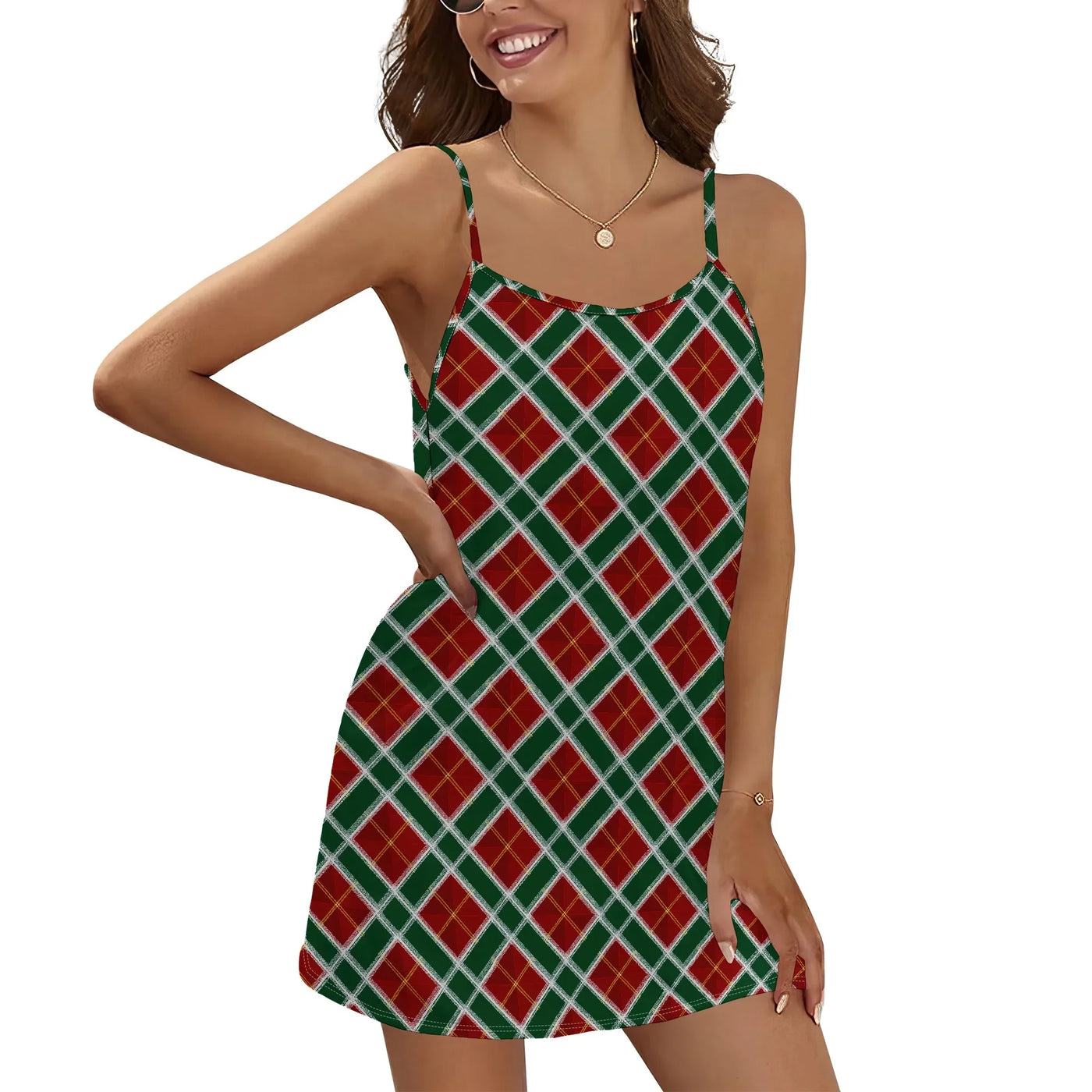 Women's Slip Dress, Red Green Tartan Plaid Print, Sleeveless, S-3XL Christmas Party