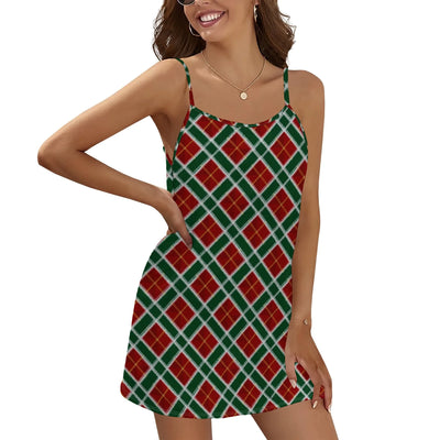 Women's Slip Dress, Red Green Tartan Plaid Print, Sleeveless, S-3XL Christmas Party