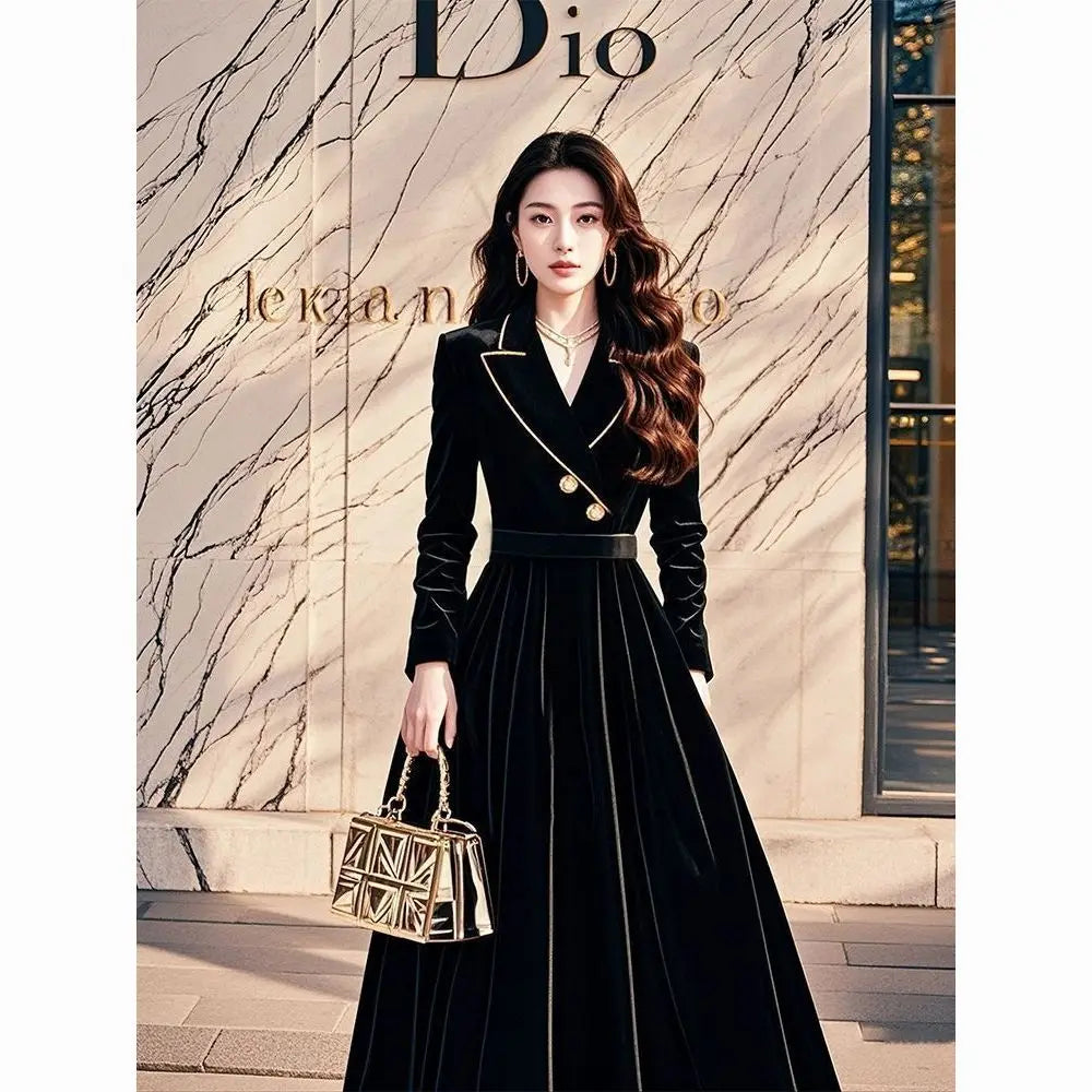 Style High-end Black Velvet Dress For Women, 2025 Autumn New Collection, Formal Occasions, Waist Cinching Suit Style Long Skirt