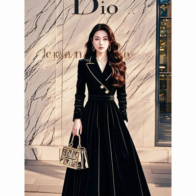Style High-end Black Velvet Dress For Women, 2025 Autumn New Collection, Formal Occasions, Waist Cinching Suit Style Long Skirt