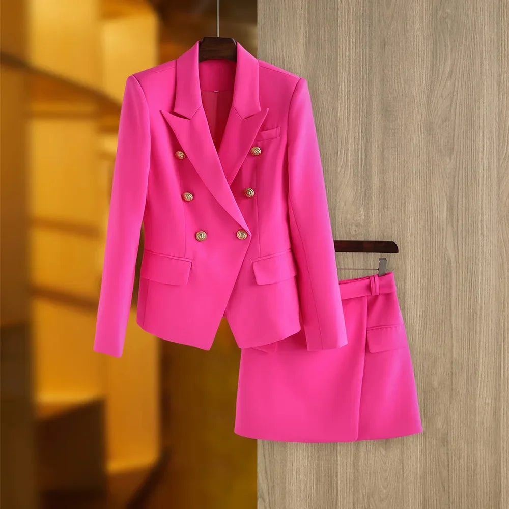 New Arrival Elegant Style Lady Office Work Suit Double-breasted Long Sleeve Fitted Blazer A-line Pencil Mini Skirt Women 2Pcs