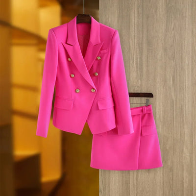 New Arrival Elegant Style Lady Office Work Suit Double-breasted Long Sleeve Fitted Blazer A-line Pencil Mini Skirt Women 2Pcs