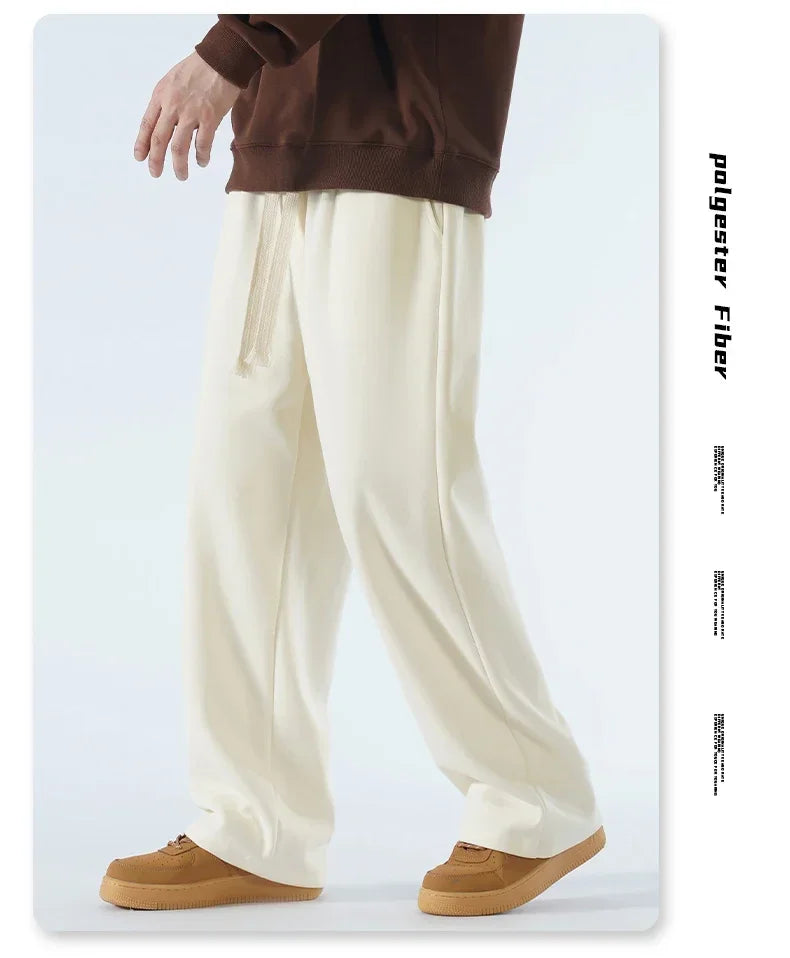 New Men's Casual Pants Wide Leg Straight 65% Cotton Fabric Outdoor Sweatpants Neutral High-quality Soft Long Baggy Trousers