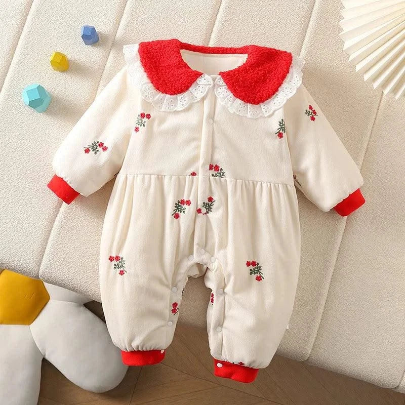 Cute & Thick Floral Peter Pan Collar Fur Lining Jumpsuit/Romper |Fall Winter Baby Clothes 0-2Y Girls |  Newborn |Toddler Outwear