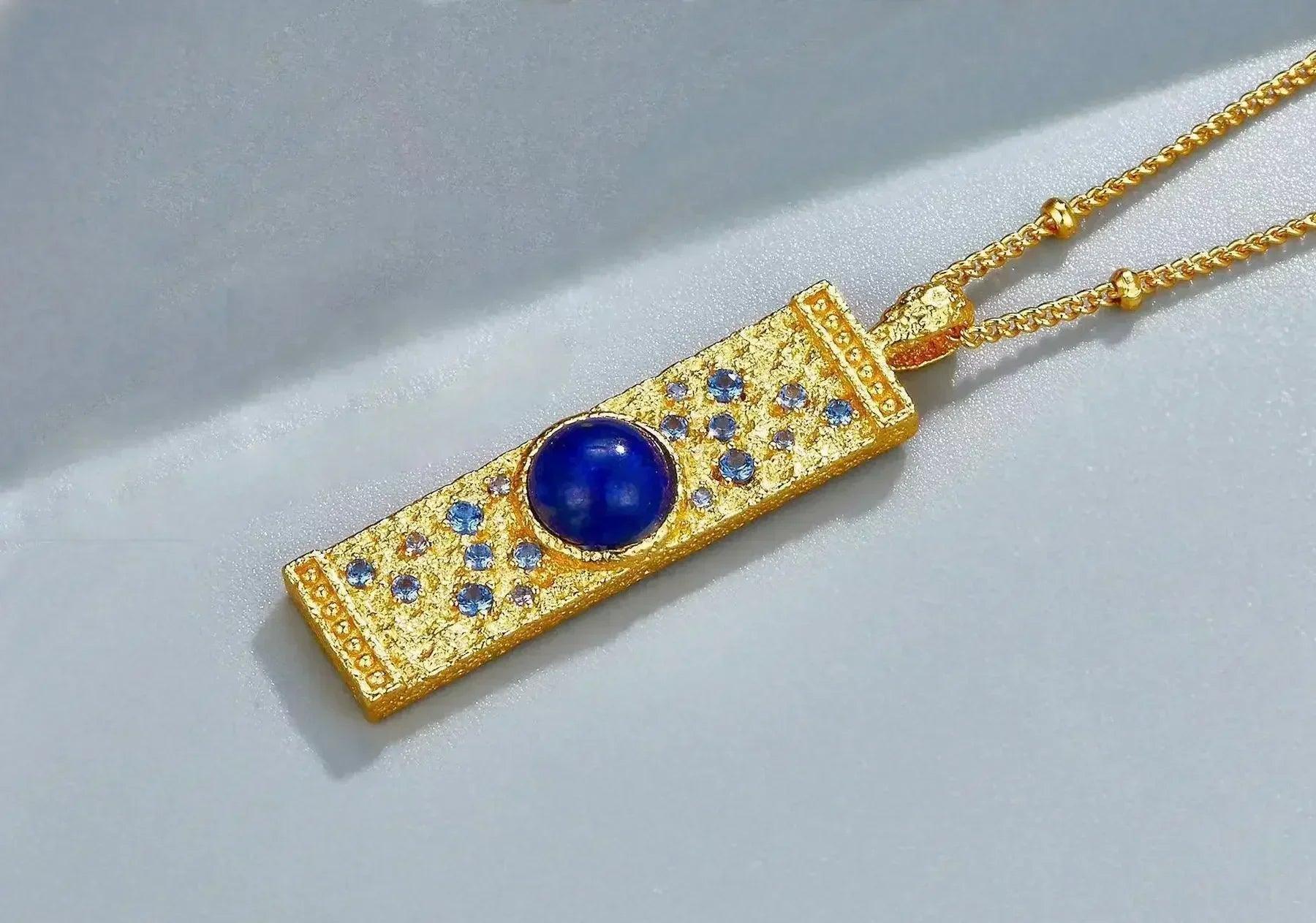 Lapis lazuli cz 925 silver gold plated hammered bar pendant necklace women blue stone geometric trendy dainty luxury