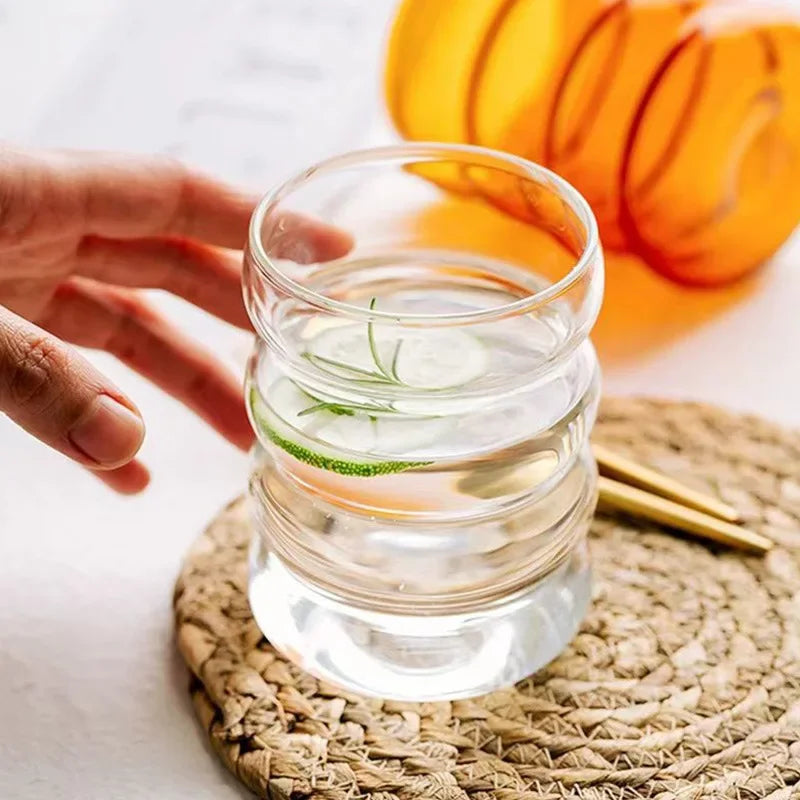 4pcs Creative Glass Cups Coffee Mug Clear Drinking Glasses Ribbed Glassware Cups With Straws Set Cocktail Fruit Glass Drinkware