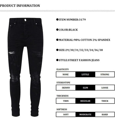 Fashion Designer Men Jeans High Quality Black Stretch Skinny Fit Leather Patched Ripped Jeans Men Y2K Brand Hip Hop Denim Pants