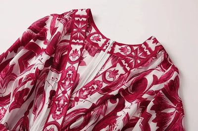 Seifrmann Spring Autumn Designer Women's V-neck Flying sleeve Lace up Print Loose Holiday robe Dresses