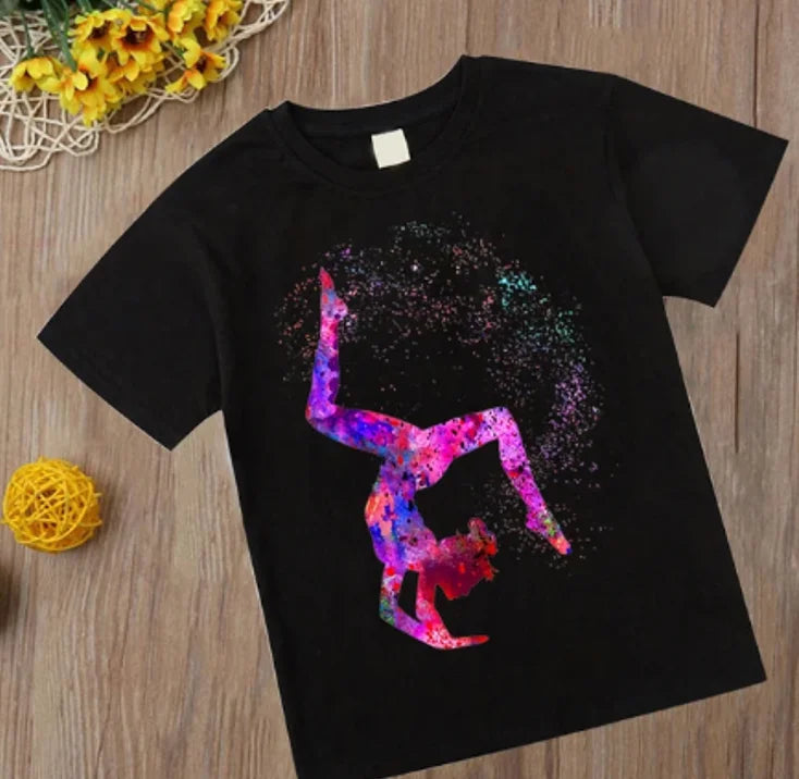 Watercolor Gymnastics Girl Printed Cute Children's T-shirt Children's Black T-shirt Exercise Enthusiast Birthday Gift