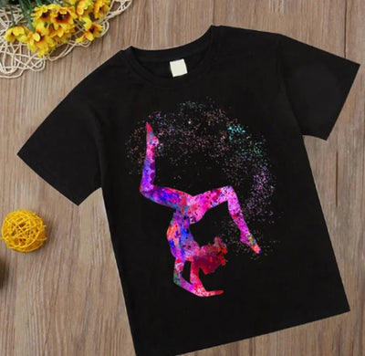 Watercolor Gymnastics Girl Printed Cute Children's T-shirt Children's Black T-shirt Exercise Enthusiast Birthday Gift