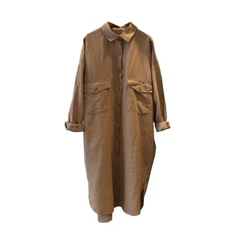 Cotton Linen Women Medium-Length White Polo Shirt