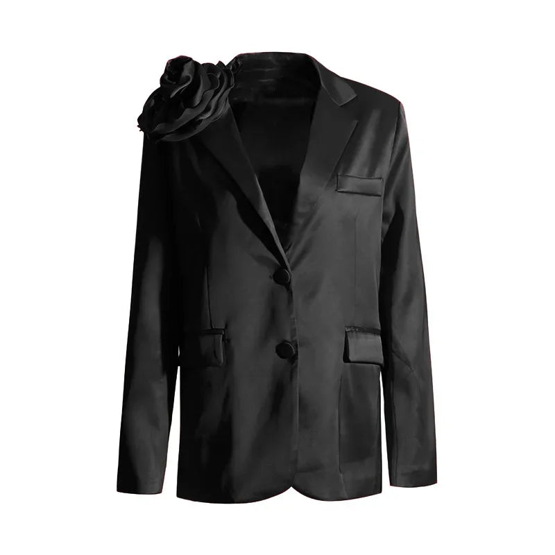 Blazer Women Fashion Elegant Style Flower Splicing Design Suit Jacket Three-dimensional Decoration Solid Color Suit Women Coats