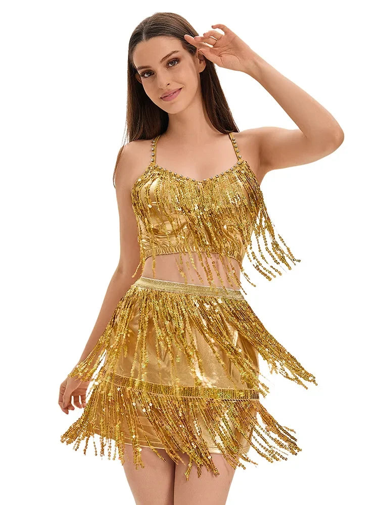 Women Latin Dance Dress Halter Crop Top