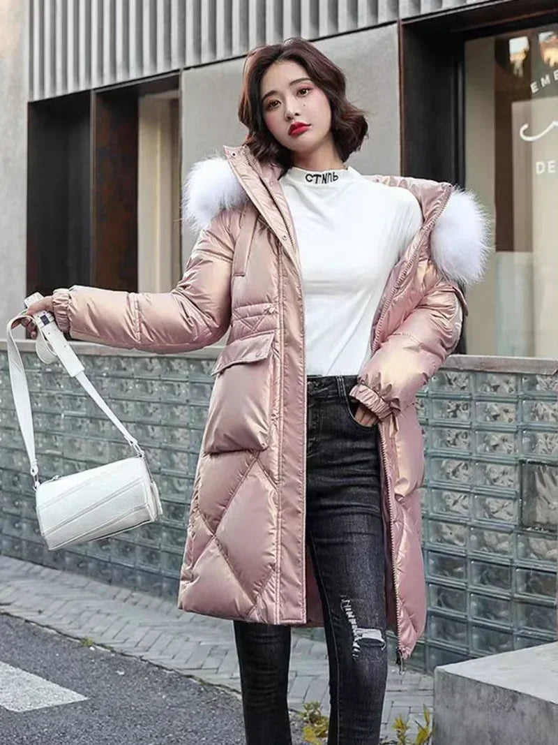 2025 Autumn Winter Hooded Fur Collar Long Parkas Mujer Thick Warm Down Cotton Padded Jacket Women Casual Hoodies Coat Female